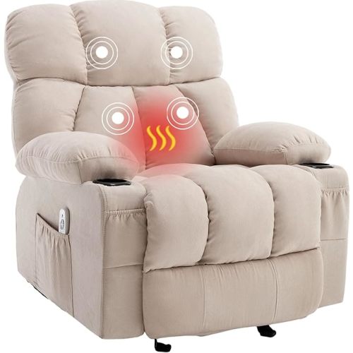 Massage Rocker Recliner Chair with Heat and Vibration Ergonomic Rocking Lounge Chair for Living Room Comfy Overstuffed Recliner with 4 Side Pockets,2 Cup Holders, USB Charge Port,Beige