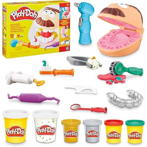 Play-Doh Drill 'n Fill Dentist Toy for Kids 3 Years and Up with Cavity and Metallic Colored Modeling Compound, 10 Tools, 6 Total Cans, 2 Ounces Each, Non-Toxic, Assorted Colors