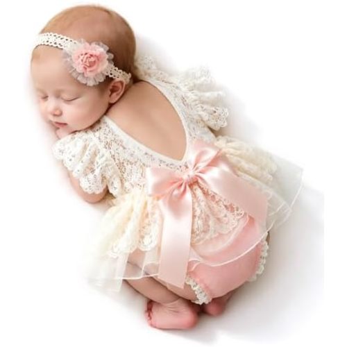 ForBaysy Infant Newborn Photography Props Girl Outfit Lace Romper with Cute Flower Headband Newborn Dress Posing Props