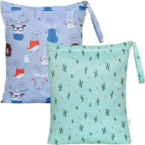 OTraki 2Pcs Waterproof Wet Dry Bags 16x20 inch Wet Bag for Baby, Swimsuit, Cloth Diaper, Daycare With Zippered & Handle Wet Clothes Storage Bag Drying Do Not Exceed 176℉ (Animal & Cactus Pattern)