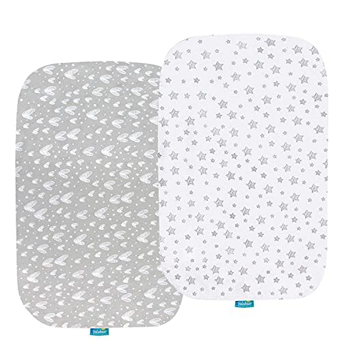 Bassinet Sheets Compatible with Baby Delight Beside Me Dreamer Bassinet, 2 Pack, 100% Jersey Knit Cotton Fitted Sheets, Breathable and Heavenly Soft, Grey and White Print for Baby