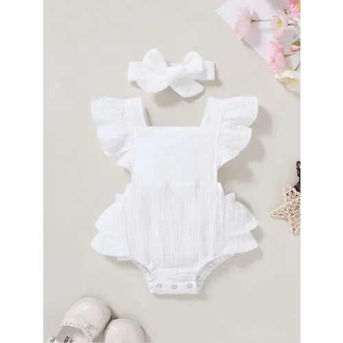 2pcs Set Casual Elegant Sweet Cute Baby Girl Bodysuit Dress, Soft & Comfortable, Ruffle Trim Solid Color Bodysuit & Headband Set | SHEIN USA