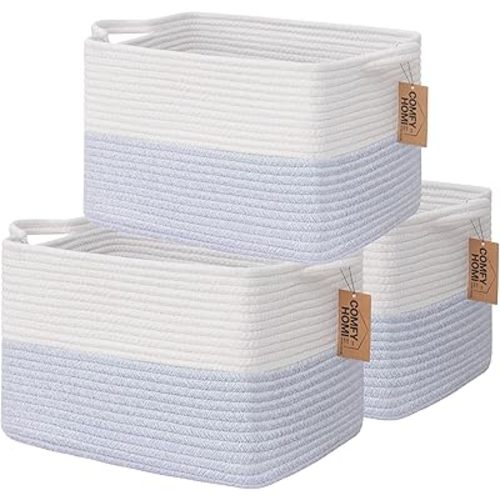 COMFY-HOMI 3PACK Cotton Rope Square Baske with Handles for Shelves|Dog Toy Baske Bin and Storage|Baby Baske for Gift|Shoe Baske for Organizing|13.5" x 11" x 9.5" for Living Room（White/Blue）