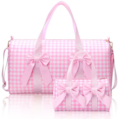 Shinylin 2 Pcs Pink Gingham Bow Travel Duffel Bag Set with Cosmetic Pouch | Cute Weekender Overnight & Gym Bag for Women, Carry on Tote with Shoe Compartment, Aesthetic Pink Travel Set