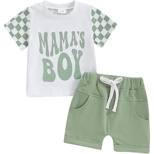 FOCUSNORM Toddler Boys Summer Outfits Mamas Boy Checkerboard Short Sleeve T-Shirts Tops and Elastic Waist Shorts Clothes Sets