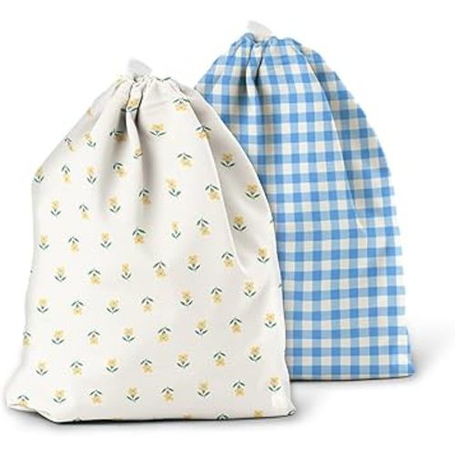 Esembly Ditty Bag Duo - Reusable Waterproof Wet Bags for Cloth Diapers, Swimsuits, Toiletries, and Snacks, Set of 2 - Buds + Gingham