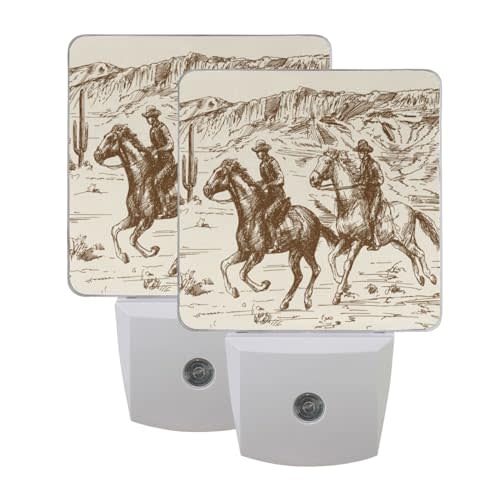 BOENLE Western Desert Cowboy Night Lights 2 Pack Plug-in Wall Led Nightlight Auto Dusk-to-Dawn Sensor Lamps for Bedroom Kitchen Bathroom Hallway Stairs