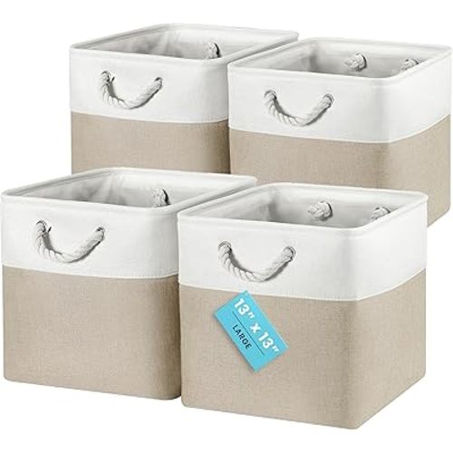 OrganiHaus 13x13 Cube Storage Bins 4 Pack, Foldable Cube Storage Organizer w/ Rope Handles, Collapsible Fabric Bins for Toys, Clothes & Closet Organization, Fabric Square Baskets - Beige/White