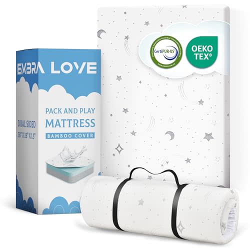 EMBRA LOVE Pack n Play Mattresses (38"x26"x1.5") Bamboo Cover,Breathable,%100 Waterproof,Non-Toxic,Washable I Dual-Sided Gel Memory Foam I Toddler&Baby Pack and Play Mattress Pad Fits Playard&Playpen