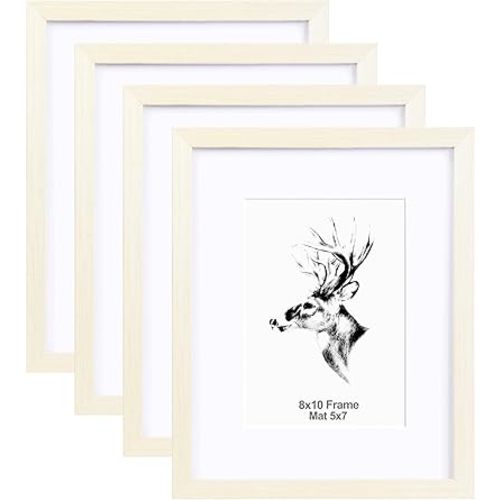 Yaetm 8x10 Picture Frame Set of 4, Off-White, Solid Wood Photo Frames with Tempered Glass, Display 5x7 with Mat or 8 x 10 without Mat for Wall Mount and Tabletop (4 Pack, White)