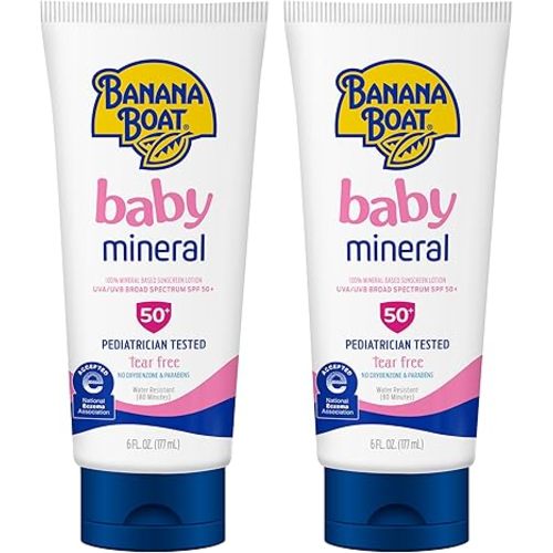 Banana Boat 100% Mineral Baby Sunscreen Lotion SPF 50 Twin Pack | SPF 50 Sunscreen for Babies, Baby Sunblock Lotion, Oxybenzone Free, 6oz each