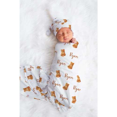 Bear Swaddle Blanket Set, Custom Newborn Baby Coming Home Outfit, Gender Neutral Name Baby Blanket, Hospital Blanket, Teddy Bear Swaddle Set