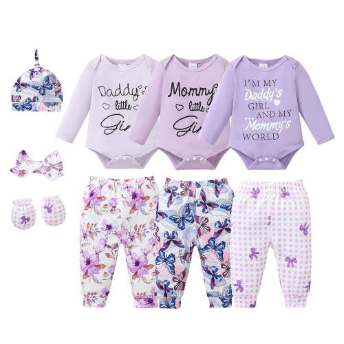 KIMI BEAR Newborn Baby Girl Layette Set 0-3 Months Shower Gift Sets 3 Packs Romper Pants Sets Long Sleeves Bodysuit with Hat Headband Gloves 9pcs Clothing Purple