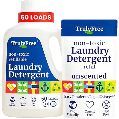 Truly Free Laundry Wash Detergent for Sensitive Skin, Gentle & Safe for Baby Clothes | Plant-Based, Natural Ingredients | Unscented | Include 1 Refillable Bottle (50 Loads)