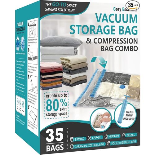 Cozy Essential Vacuum Storage Bags, 80% Compression Vacuum Seal Space Saver Plastic Packaging Bags for Clothes, Blankets, Pillow, Bedding, Comforters, Sealer Clothing Storage,35 Combo