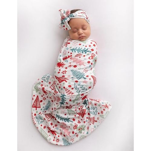 Newborn Baby Girl Receiving Blanket Swaddle Blanket Stretchy Knit Swaddle Set with Matching Headband and Beanie (Red Cartoon Christmas)