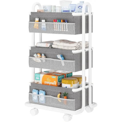 3-Tier Baby Diaper Caddy Organizer Cart, Mobile Nursery Storage Carts with Wheels, 3 Dividers & 6 Mesh Pockets Durable Metal Utility Cart for Nursery, Bedroom, Bathroom, Baby Essentials Organization