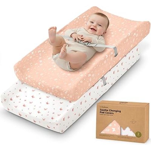 2-Pack Organic Changing Pad Covers for Girl,Boy, Neutral - 100% Cotton Changing Table Pad Cover,Soft Baby Nursery Diaper Changing Pad Sheets,Contour Changing Pads Liners,Change Pad Cover (Butterflies)