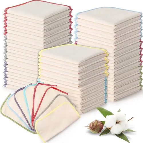 Zopeal 64 Pcs Flannel Cloth Baby Wipes Reusable Dispenser Washable Soft Natural Unbleached Baby Face Cloth Wipes 8 Colors Outer Stitching 8 x 8 Inches