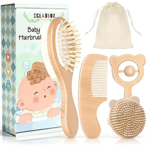 Baby Hair Bush and Comb Set, 5 Pack Wooden Baby Brush with Soft Goat Bristle for Newborns and Toddlers, Perfect for Cradle Cap, Baby Registry Gift, Infant Essentials Care Kit