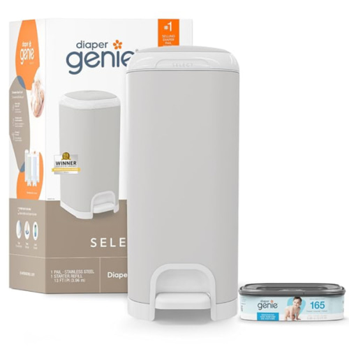 Diaper Genie Select Pail (Grey) is Made of Durable Stainless Steel and Includes 1 Starter Square Refill That can Hold up to 165 Newborn-Sized Diapers.