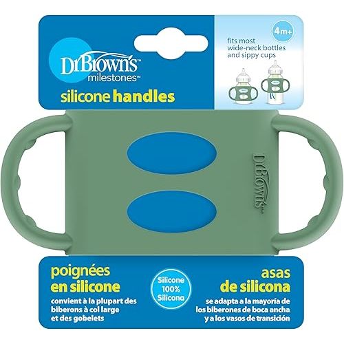 Dr. Brown's Wide-Neck Baby Bottle Handles, 100% Silicone, Easy Grip Removable Handles for Bottle to Sippy Cup Transition, Green, 4m+