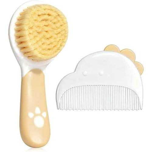 Baby Hair Brush and Comb Set, Soft Bristles Cradle Cap Brush for Newborns, Toddlers, Baby Registry Gift (Camel)