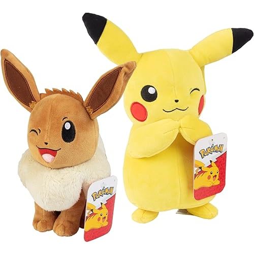 Pokemon 8" Eevee & Pikachu Plush, 2-Pack - Let's Go Starters - Officially Licensed - Authentic Soft Stuffed Animal Toy Figures - Holiday Christmas Stocking Stuffer Gift for Kids, Boys, Girls - 2+