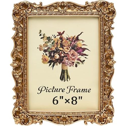 Vintage Picture Frame 6x8 Inch, Antique Ornate Photo Frames with Glass Front, Baroque Design, Tabletop & Wall Hanging, Photo Gallery, Gold