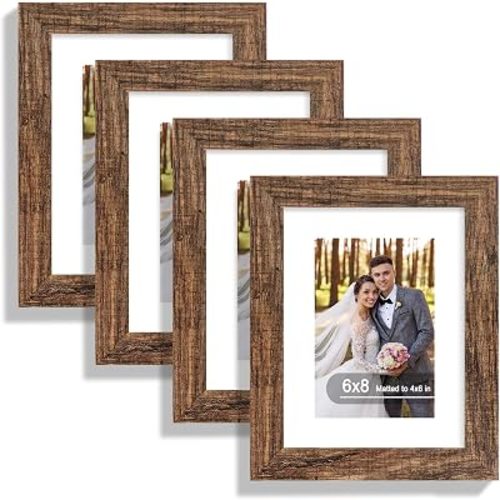 Hongkee 6x8 Picture Frame Set of 4, Made of Real Glass and Rustic Brown Frame - Display Picture 4x6 with Mat or 6x8 Without Mat, 6 by 8 Photo for Wall or Tabletop