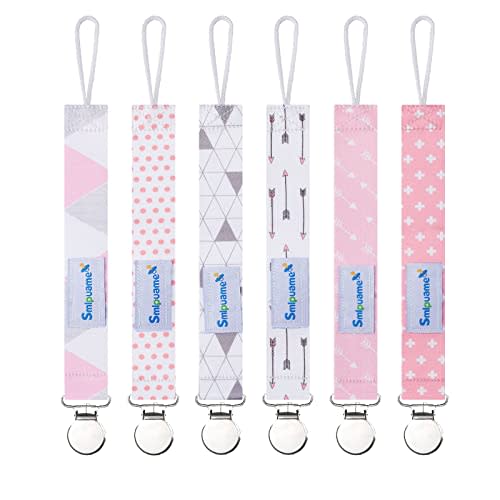 Smlpuame Pacifier Clip Girl,6 Pack Stylish Binky Clips Strap for Baby Girls,Paci Holder with Metal Clip Lightweight Universal Fits Most Pacifiers Teether Toy Soothie,Baby Gifts(Pink & Grey)
