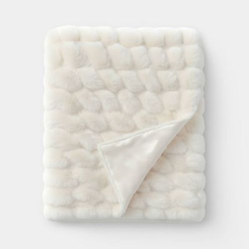 Ruched Faux Rabbit Fur Throw Blanket Ivory - Threshold™