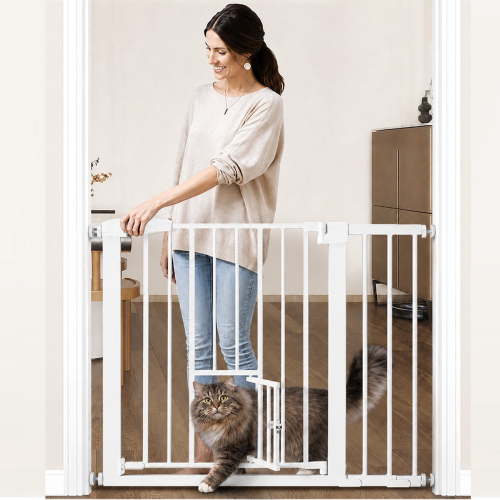 Pet Safety Gate, 29.5''-40.5''Wide Pet Safety Gate with Cat Door, White