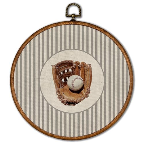 KSDUT Vintage Baseball Wall Art Decor - Retro Sports Trendy Wall Art Canvas Frame Hanging Prints, Nursery Sports Gallery Round Wall Art Decor for Boys Room Home Decorations 10"x10"