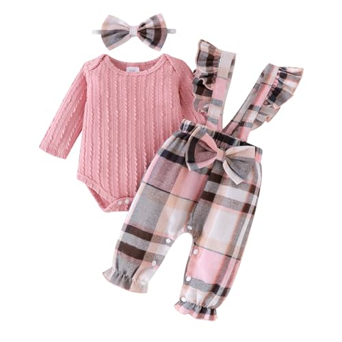 ODIMAME Baby Girl Clothes Newborn Suspender Overalls Long Sleeve Ribbed Romper Fall Winter Outfits Bow Headband 0-18 Months