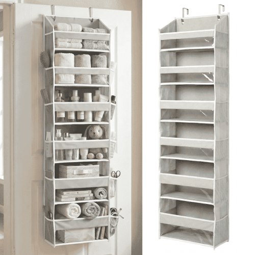 Homelux Theory Over the Door Organizer, 6 Large Front and 12 Mesh Side Pockets, 50 lb Capacity Hanging Storage for Closet, Bathroom (Light Gray)