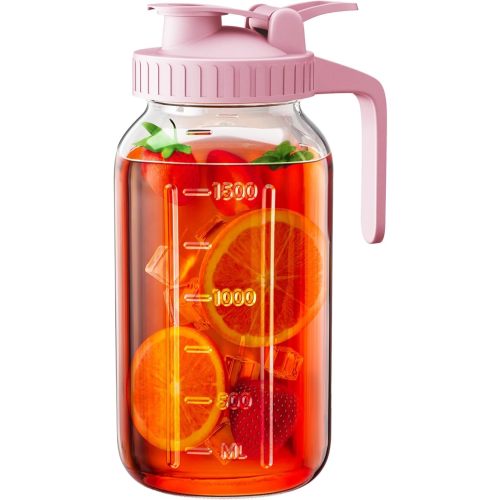 64 oz Glass Pitcher with Lid, Large Wide Mouth Mason Jar with Pour Spout, Pink Sun Tea Jar for Outside, Glass Water Pitcher Great for Drink, Cold Beverages and Breast Milk