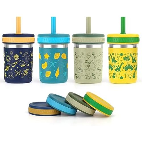 Sursip 10 oz Stainless Steel Kids Cups with Silicone Sleeves & Straws | Spill-Proof Sippy Cup for Drinks & Snacks, Smoothie Cups for Toddlers, BPA-Free, Dishwasher Safe