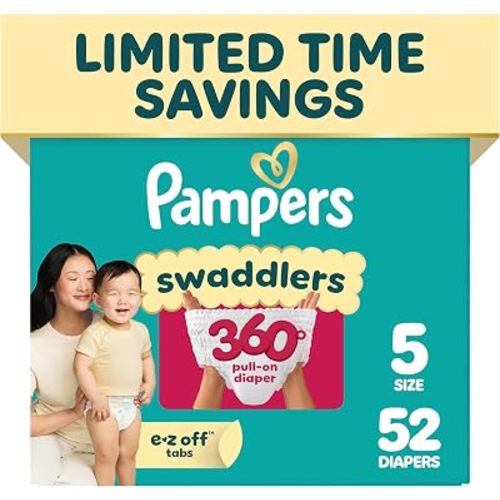 Pampers Diapers - Swaddlers 360° - Size 5, 52 Count, up to 100% Leakproof Comfy Dry Fit, Designed for Easy Changes, Pull On Baby Diaper (Packaging May Vary)
