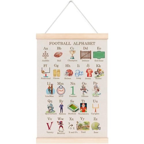 laveliabel Football Alphabet Nursery Poster Hanger Frame, Boyhood Room Decor, Football Sports Banner Poster with Wood Hanger, ABC Educational Wall Art Decor for Kids Toddler Baby Boy Room, 12x16in