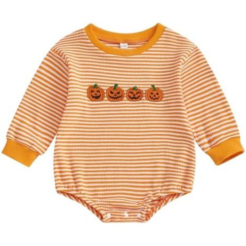Karuedoo Newborn Baby Boy Girl Halloween Outfit Pumpkin Ghost Embroidery Stripe Long Sleeve Bubble Romper Waffle Bodysuit