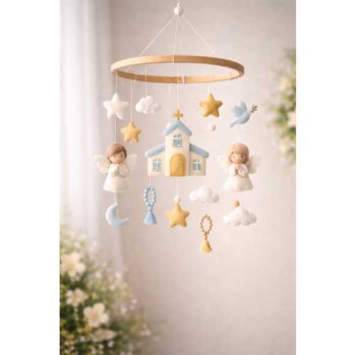 Angel Baby Mobile with Church Theme – Baptism -Christening Gift – Handmade Felt Mobile with Free Knitted Bib, Booties - Pacifier Clip