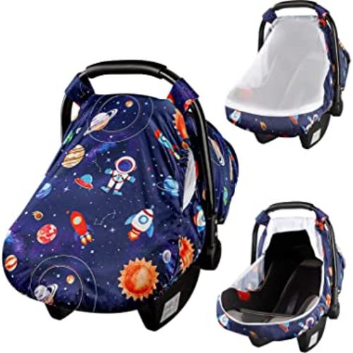SWESEN Car Seat Covers for Babies, Carseat Cover Boy with Zipper, Cozy Sun & Summer Cover, Infant Car Seat Canopy, Carseat Privacy Cover with 2 Layers, Space Planet