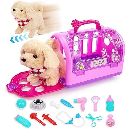 15Pcs Dog Playsets for Kids - Dog Toys with Walking, Barking, Tail Wagging, Puppy Pet Care Playset with Cage, Puppy Toys for 2+ Kids, Toddlers, Christmas, Easter, Birthday