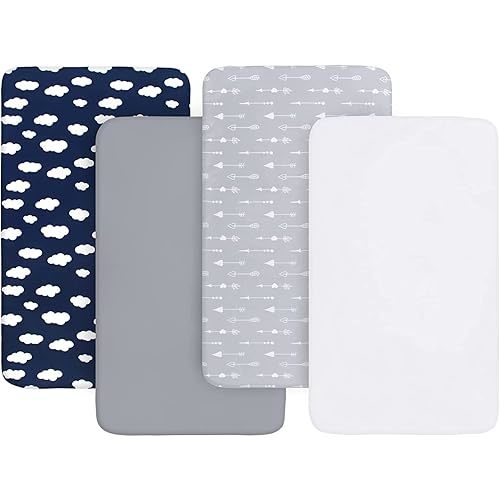 Mini Crib Sheets(38" x 24"), 4 Pack for Mini Crib Mattresses, Mini Crib Sheets, Breathable & Soft Microfiber, Grey/Navy