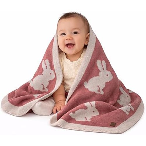 Baby Blanket 30x40 in – Soft, Reversible Acrylic Knit Blanket with Bow – Oeko-TEX Certified – Rabbit Antique Rose