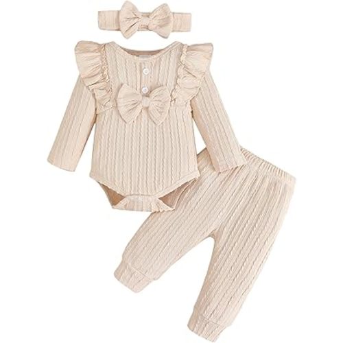 SUNNY PIGGY Baby Girl Clothes Newborn Infant Romper Ruffle Baby Girl's Outfit Knit Texture Fall Winter Clothing Pants Set