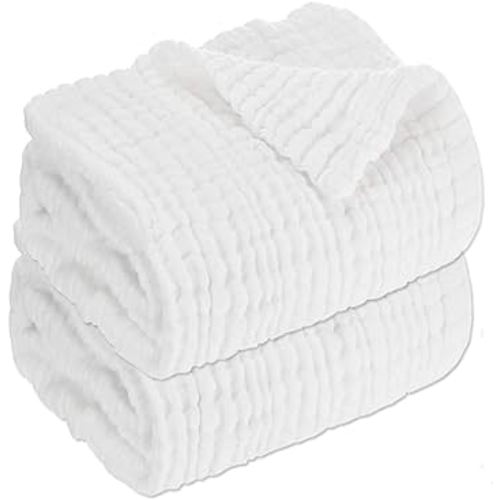 Aablexema Baby Muslin Bath Towels - Set of 2 Large Size 43X43 Inches Swaddle Blanket for Newborn Toddlers Boys Girls - Suitable for Baby's Delicate Skin(White)