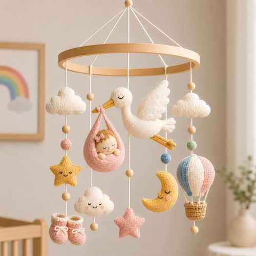 Custom Felt Stork Baby Mobile, Personalized Handmade Crib Mobile, Pastel Nursery Decor, Baby Shower Gift