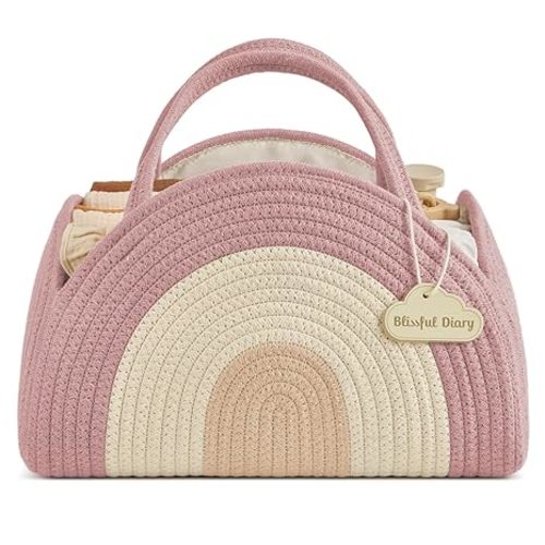 Blissful Diary Baby Diaper Caddy Organizer, Cotton Rope Diaper Caddy Basket, Large Storage Basket for Newborn Boys and Girls, Gift for Baby Shower List, Newborn Essentials, Earthy Rainbow